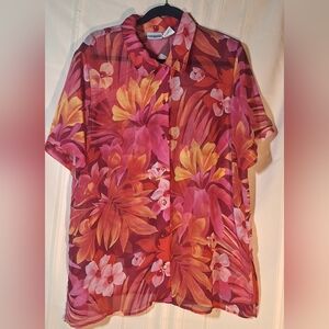 LIZ BAKER Floral Button Up Sheer Shirt
